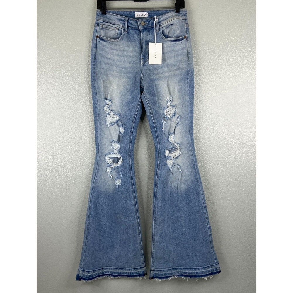Cello Women Size 7 Denim Jeans Mid Rise Flare Distressed NWT